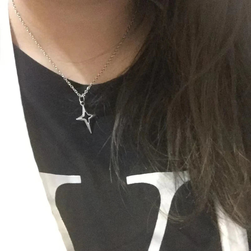 Kpop Goth Silver Color Star Pendant Chain Necklace For Women Men Egirl Y2K Cool EMO Punk Aesthetic Grunge Jewelry Gifts