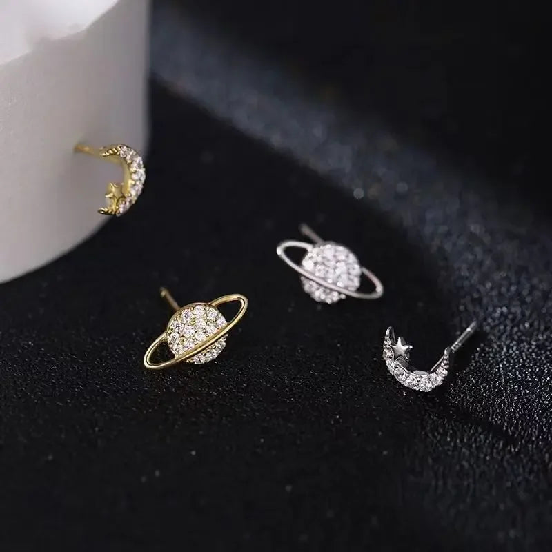 Simple Piercing Stud Earrings for Women Star Moon Zircon 925 Silver Needles Tragus Cartilage Asymmetry Pendiente Fine Jewelry