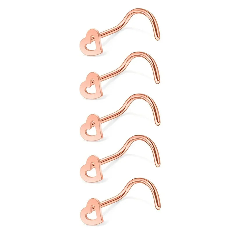 5pcs Fashion Hollow Heart Stainless Steel Nose Stud Set for Women,Nostril Piercing Nariz Pin Screw Body Jewelry