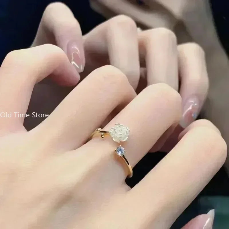 Trend Luxury Rings for Women Gold Plated Stainless Steel Rose Ring Fashion Aesthetic Jewelry Temperament Anillos Mujer