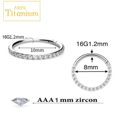 G23 Titanium Cubic Zirconia Nose Rings Cilcker Conch Helix Cartilage Piercing Earrings 6/7/8/9/10/11/12/14mm Hinged Segment Hoop