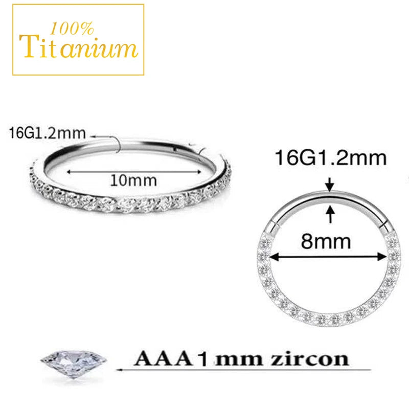 G23 Titanium Cubic Zirconia Nose Rings Cilcker Conch Helix Cartilage Piercing Earrings 6/7/8/9/10/11/12/14mm Hinged Segment Hoop