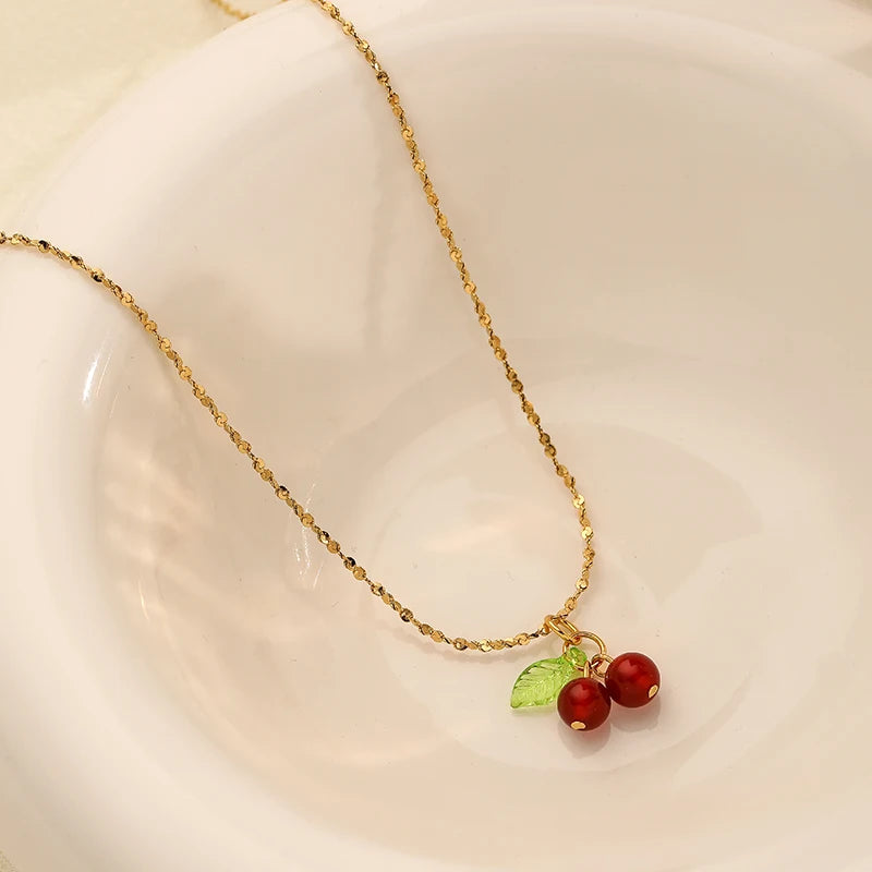 316l stainless steel Cherry Necklace Natural stone beads pendant chain necklace Women&