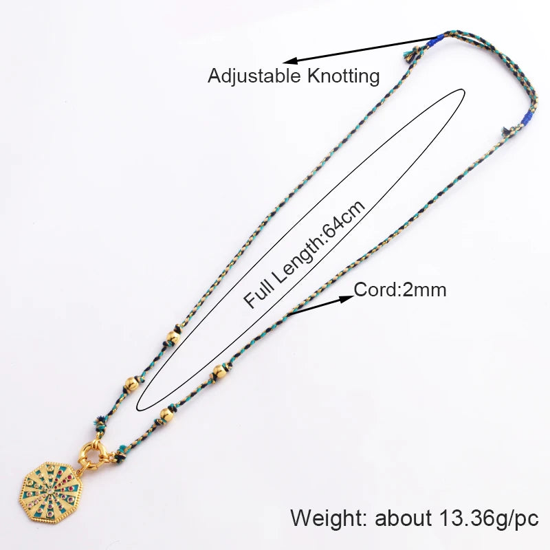 Star Celestial Blue Green Evil Eye Long Knot Beaded Necklace,Boho Nature Cotton Cord Sweater Amulet Party Summer Beach  Jewelry