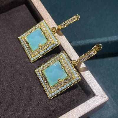 Classical Women Earrings Gold Color Square Green White Stones Dangle Wedding Engagement Party Bridal Jewelry