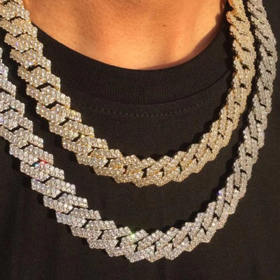 HipHop Men Women 14MM Prong Cuban Link Chain Necklace Bling Iced Out 2 Row Rhinestone Paved Miami Rhombus Cuban Necklace Jewelry