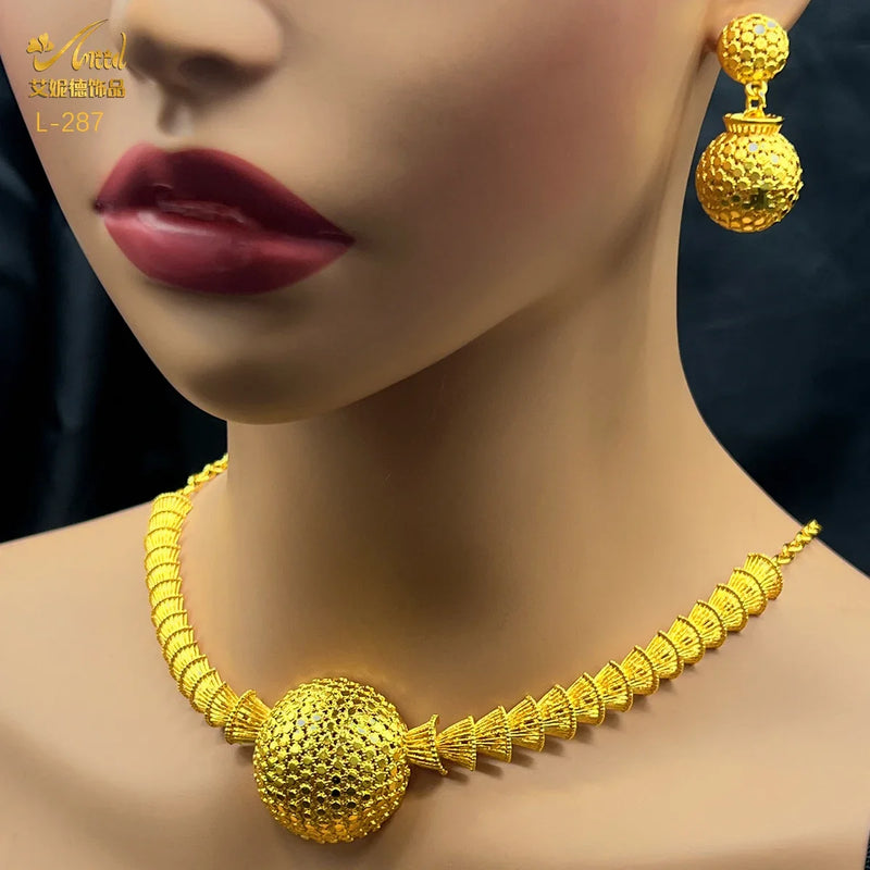 African Bead Necklace Earrings Jewelry Set For Women 24K Gold Plated Dubai Indian Nigeria Bridal Wedding Party Gift Jewellery