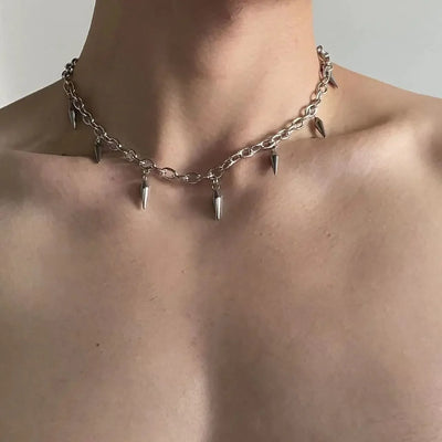 Punk Hip Hop Metal Rivet Pointed Choker Necklace for Women Men Gothic Silver Color Cross Clavicle Chain Necklace Y2K Jewelry