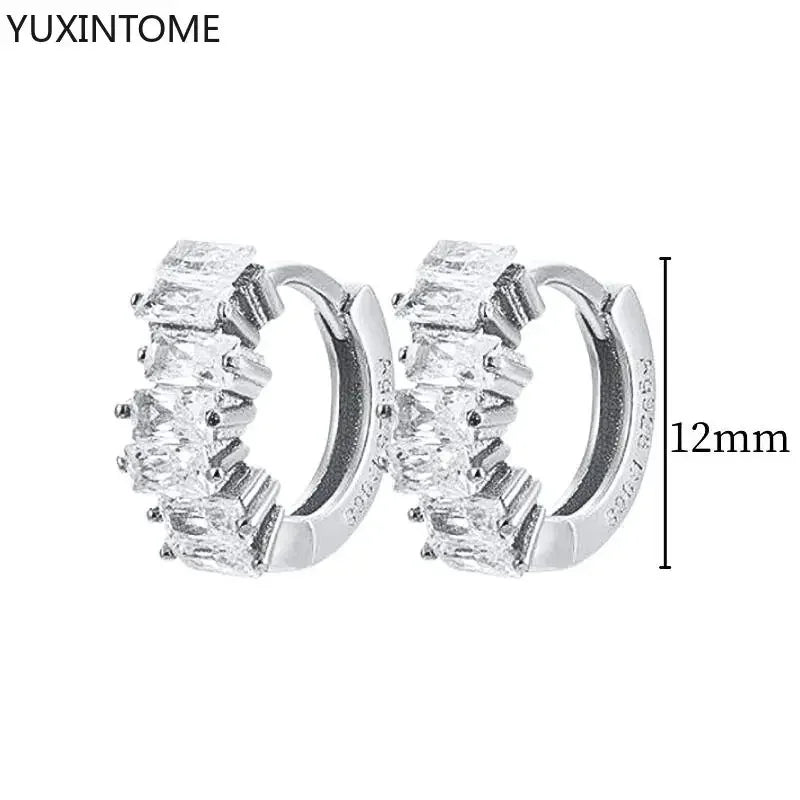 925 Sterling Silver Ear Needle Fashion Hoop Earrings White Crystal Luxury Women&