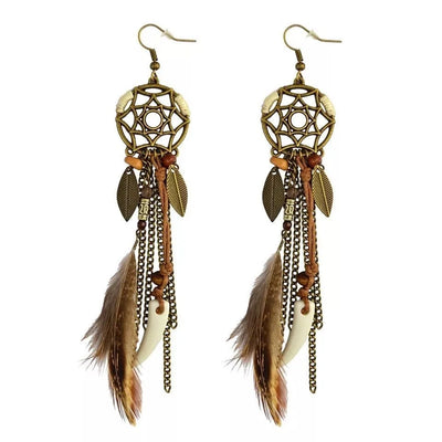 Boho Tribal Ethnic Vintage Dream Catcher Feather Leaf Long Tassel Dangling Earrings Women Vacation Jewelry