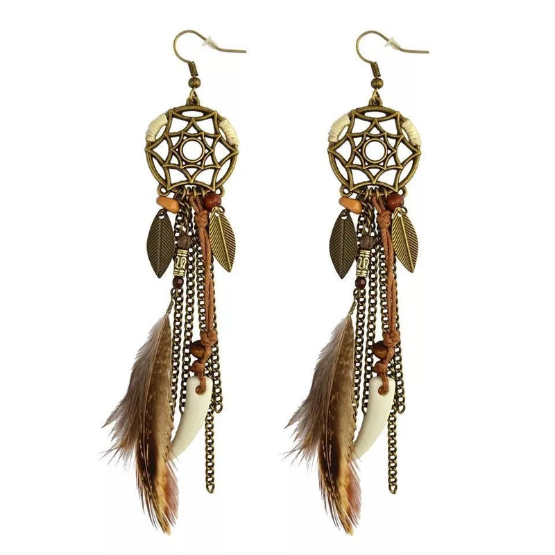 Boho Tribal Ethnic Vintage Dream Catcher Feather Leaf Long Tassel Dangling Earrings Women Vacation Jewelry