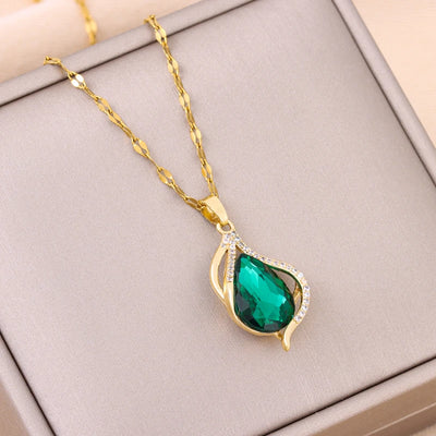 New In Fashion Green Zircon Crystal Pendant Stainless Steel Necklaces For Women Trendy Retro Style Female Clavicle Chain Jewelry