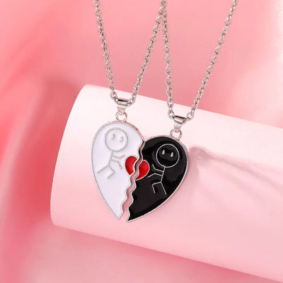 2Pcs Magnet Matchstick People LOVERS' Black White Heart Pendant Chain Matching Necklace for Women Men Valentine's Day Girl Gift