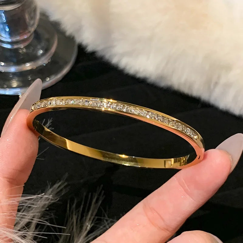 Titanium Steel Gold Plated Bangles Bracelet for Women Girls Gifts Trend Waterproof Jewelry Luxury Sparkling Zircon Open Bangle