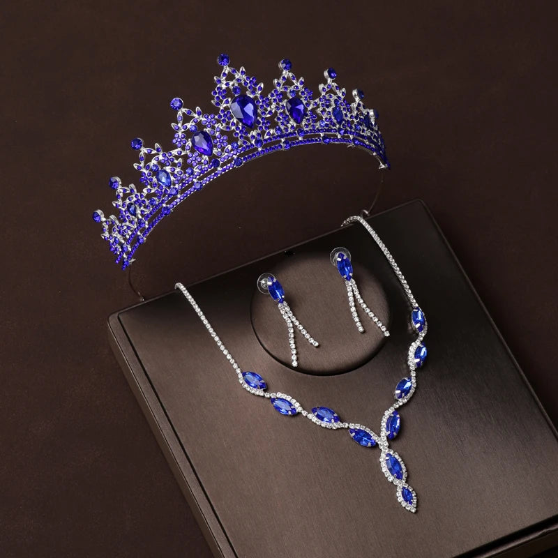 Luxury Silver Color Crystal Water Drop Bridal Jewelry Sets Rhinestone Tiaras Crown Necklace Earrings Wedding Dubai Jewelry Set