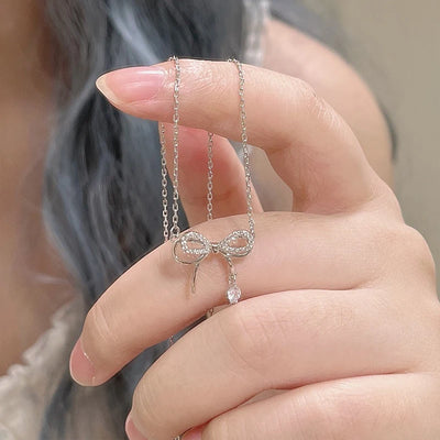 New Y2K Girls Pink Zircon Bow Knot Pendant Necklace Sweet Heart Design Simple Necklace Women Fashion Clavicle Chain Jewelry Gift