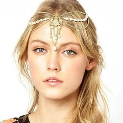 Trendy Forehead Punk Hair Jewelry Crystal And Pearl Tassels Headpieces Flower Chain Headbands For Women Girls Wedding