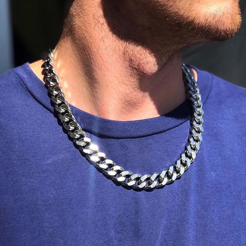 HNSP Stainless Steel 8MM-14MM Thick Chain Cuban Necklace For Men Jewelry Accessories Punk Neck Male Chains