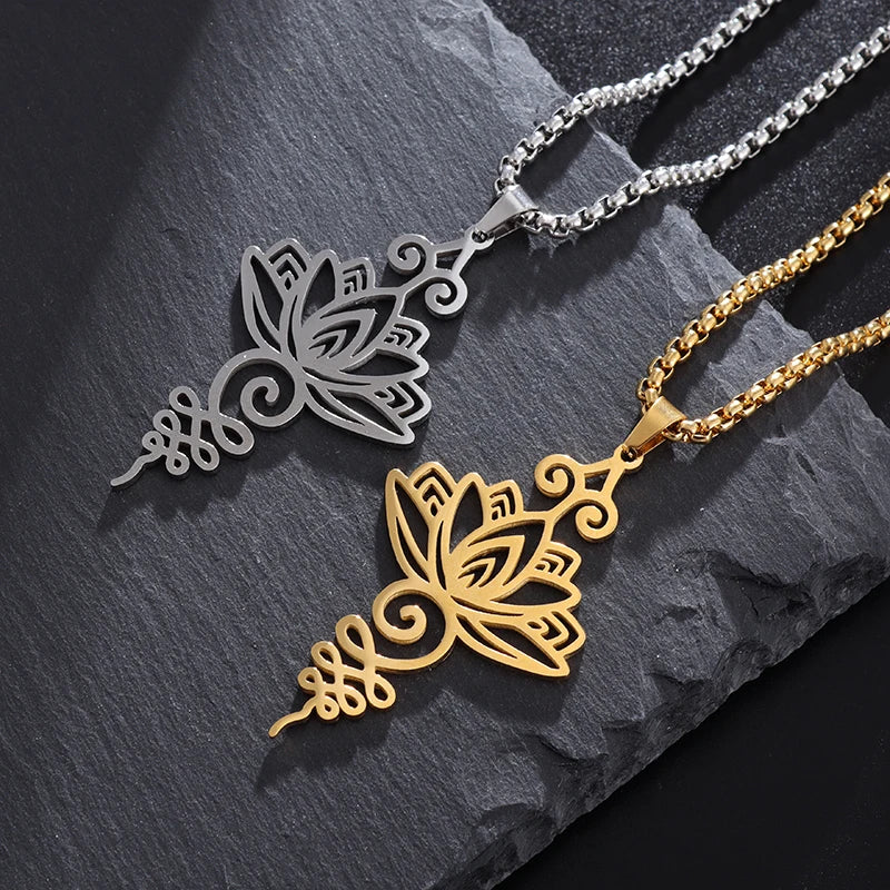 Delicate Lotus Symbol Pendant Necklace Ancient Hindu Yoga Buddhist Gift Unique Geometric Stainless Steel Jewelry for Women Girls