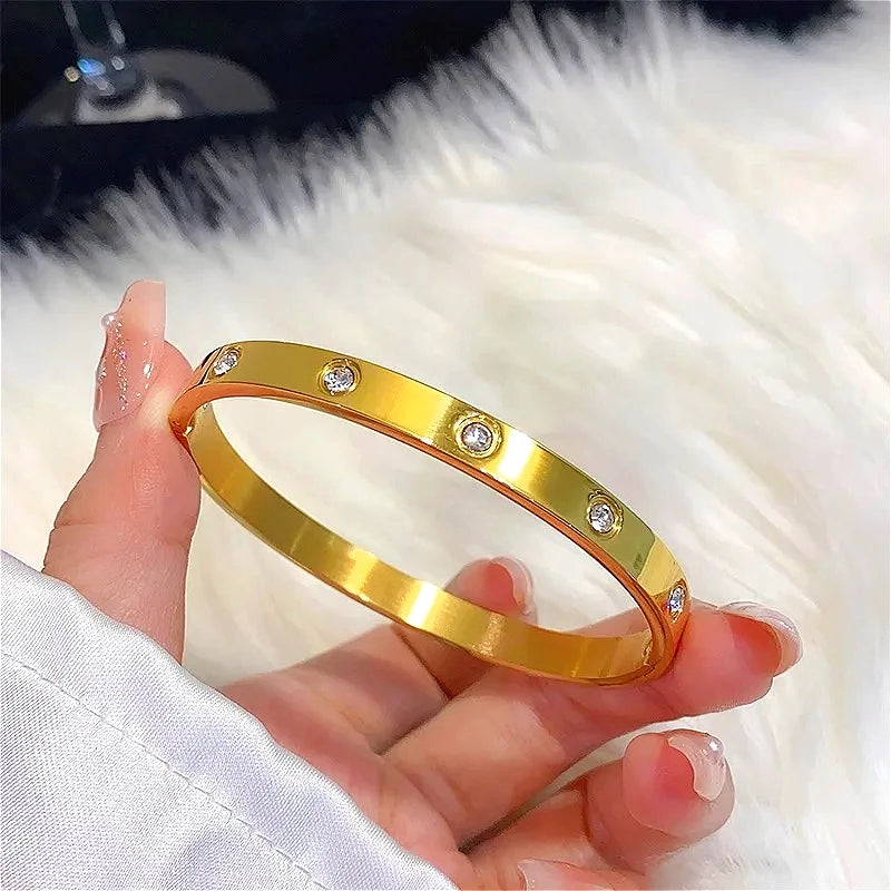 Titanium Steel Gold Plated Bangles Bracelet for Women Girls Gifts Trend Waterproof Jewelry Luxury Sparkling Zircon Open Bangle