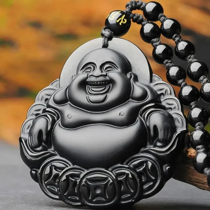 Retro Natural Obsidian Maitreya Buddha Pendant Beaded Necklace for Men and Women Buddhist Buddha Statue Amulet Jewelry