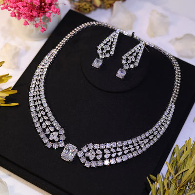 Chic Shiny Big Square Light White CZ Crystal Women Party Wedding Necklace and Earrings Fashion Jewelry Sets for Brides Z019