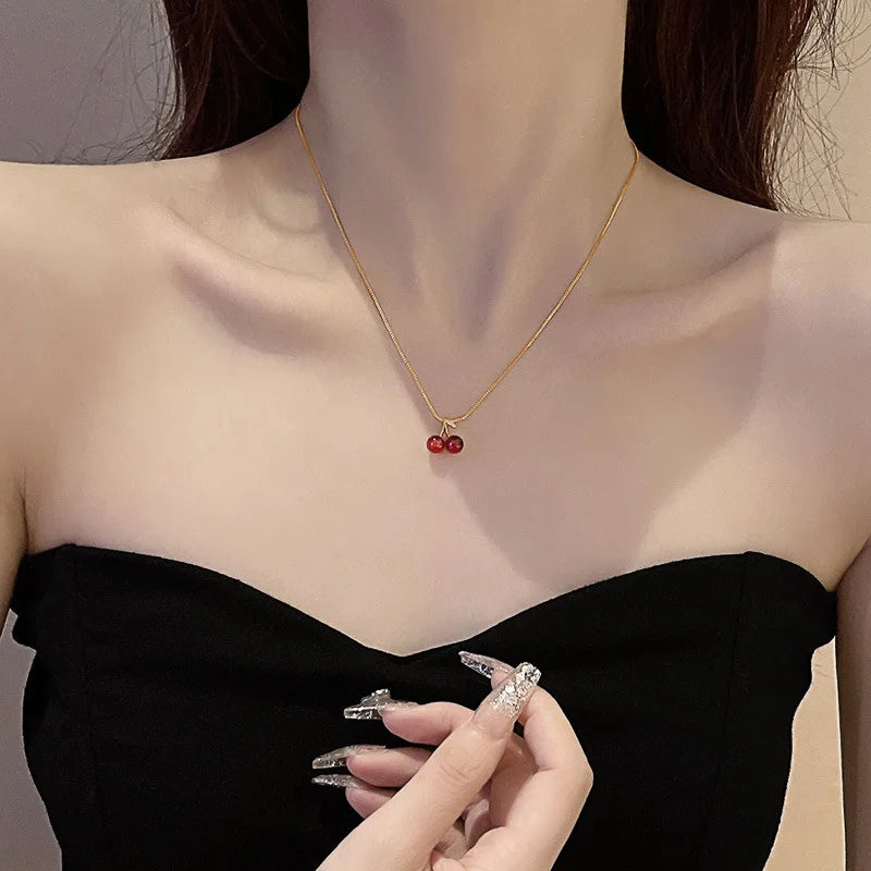 Vintage Stainless Steel Cherry Necklace Natural Stone Beads Pendant Chain Necklace Women&