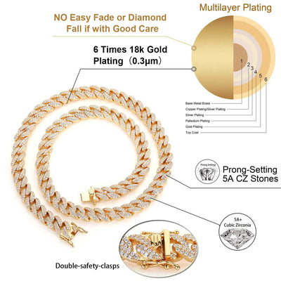 9MM 2 Rows Copper Cubic Zirconia Bling Iced Gold Plated Hip Hop Cuban Link Chain Bracelet Jewelry For Women Accessories