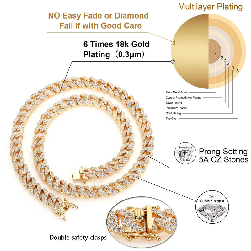 9MM 2 Rows Copper Cubic Zirconia Bling Iced Gold Plated Hip Hop Cuban Link Chain Bracelet Jewelry For Women Accessories