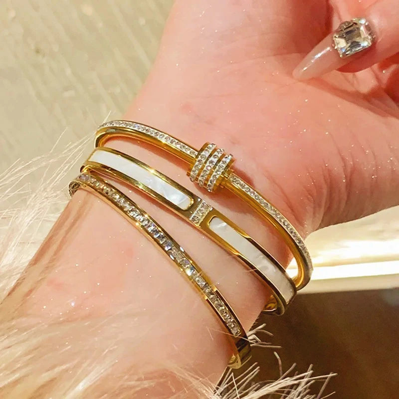 Titanium Steel Gold Plated Bangles Bracelet for Women Girls Gifts Trend Waterproof Jewelry Luxury Sparkling Zircon Open Bangle