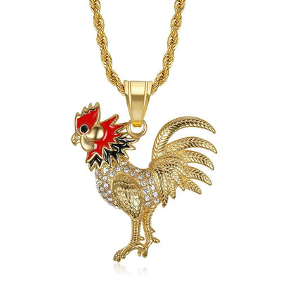 Hip Hop Iced Out Bling Rooster Pendant Necklace Gold Color Stainless Steel Chains For Men Women Animal Jewelry Dropshipping