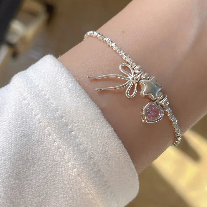 VENTFILLE 925 Sterling Silver Zircon Love Heart Bracelet For Women Bowknot Stars Bead Snake Bone Chain Jewelry Gift Dropship