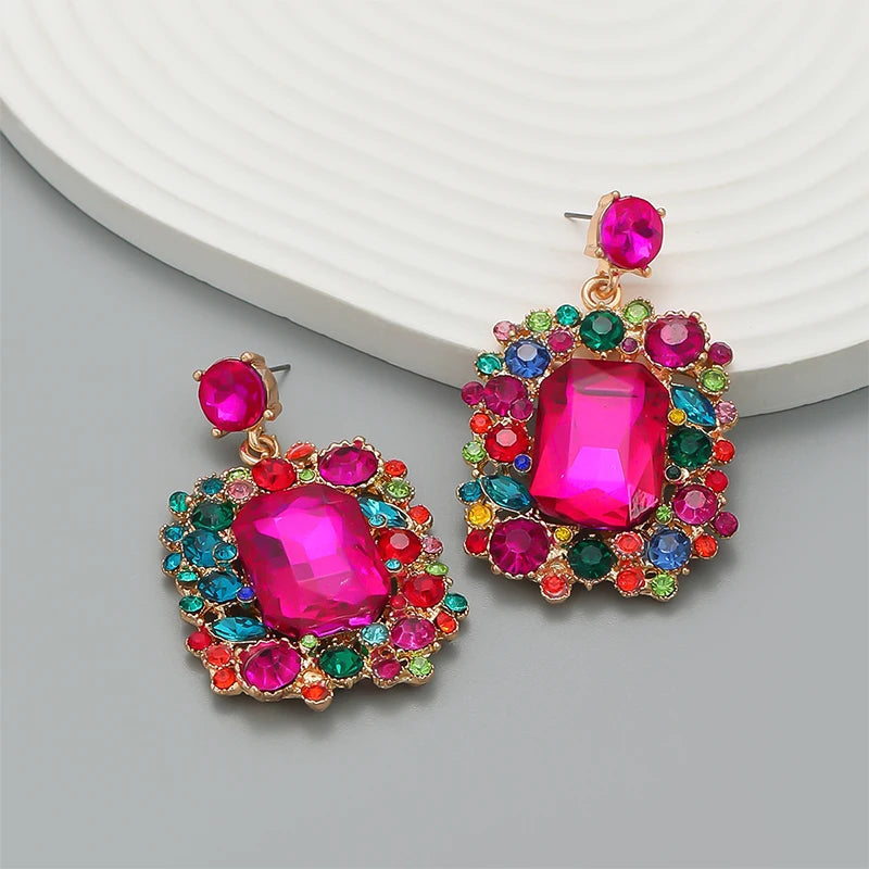 Large Heavy Colorful Glass Stones Earrings For Women Big Statement Dangle Post Fashion Jewelry Trendy Square New Styles MQ106