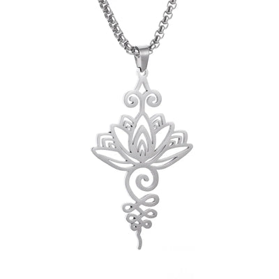 Delicate Lotus Symbol Pendant Necklace Ancient Hindu Yoga Buddhist Gift Unique Geometric Stainless Steel Jewelry for Women Girls