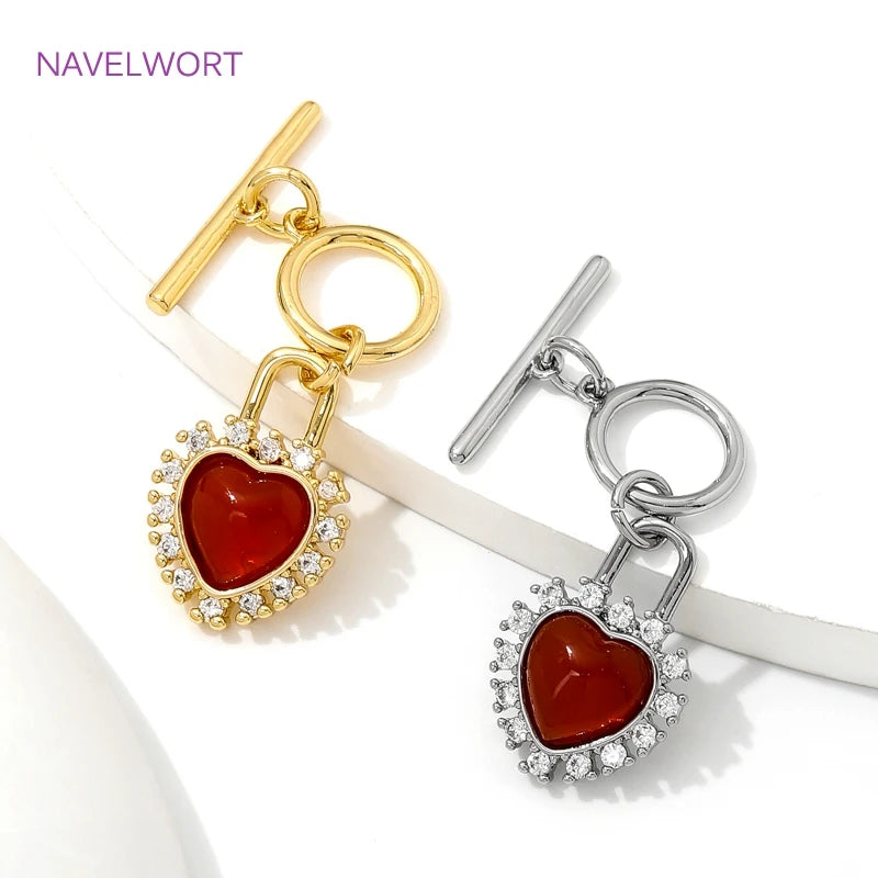 18K Gold Plated With Heart Red Zircon Toggle Clasps OT Clasps Jewelry Connectors  For DIY Bracelet Necklace Making Accessories