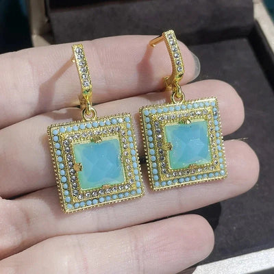 Classical Women Earrings Gold Color Square Green White Stones Dangle Wedding Engagement Party Bridal Jewelry