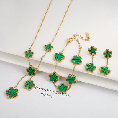 Gold Plated Lucky Stainless Steel Five Leaf Flower 3PCS Jewelry Set Bracelet Necklace Earrings for Women Party Jewelry Clover