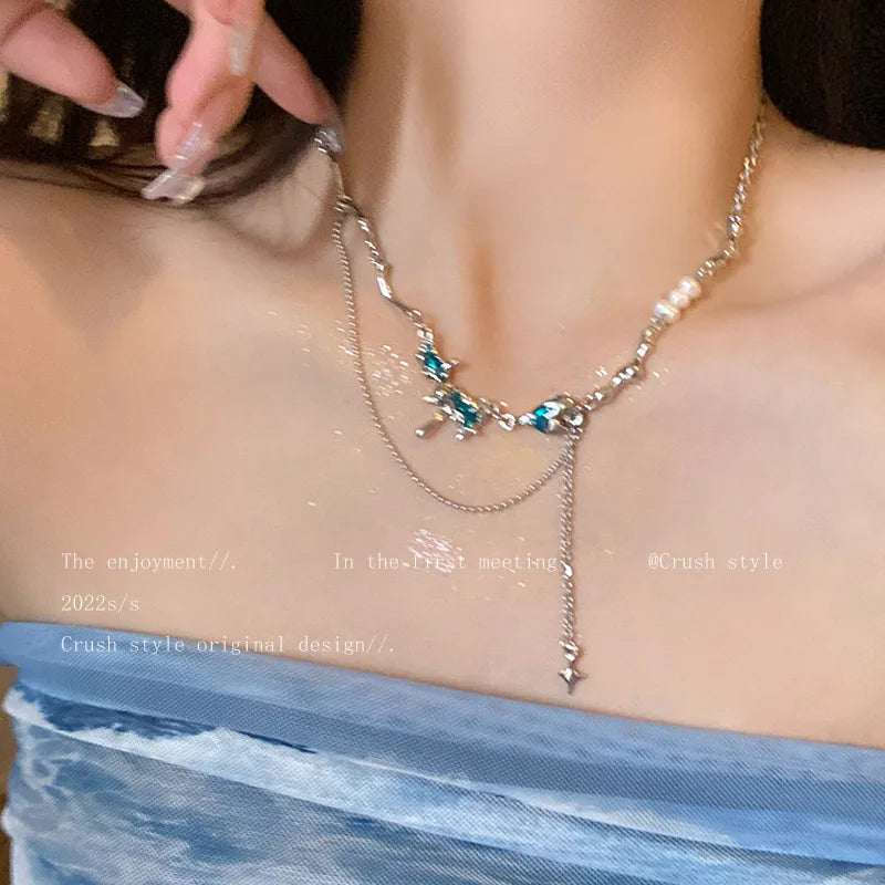 Kpop Fashion Shiny Star Necklace for Women Y2K Crystal Zircon Cross Pendant Necklaces Girls Antique Silver Color Clavicle Chain