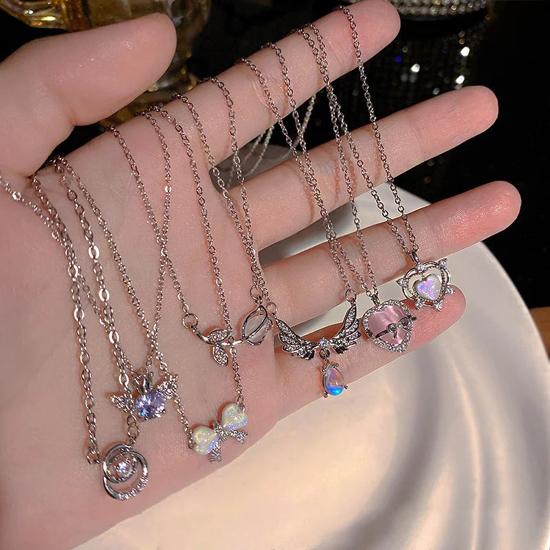 Y2K Crystal Bow Angel Wings Heart Pendant Necklace For Women Sweet Cool Girl Clavicle Chain Trendy Aesthetic Jewelry Accessories