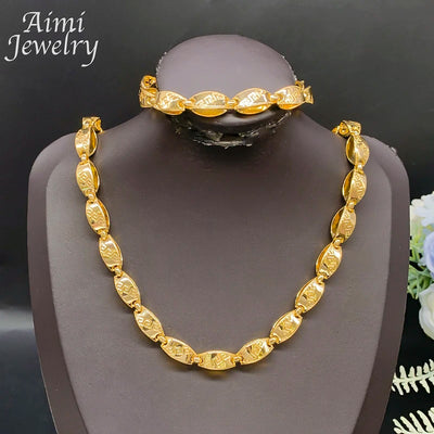 24inch Top Quanlity Gold Plated Jewelry Set Long Chain Golden Choker Necklace Bracelet Jewellery African Party Wedding Gifts