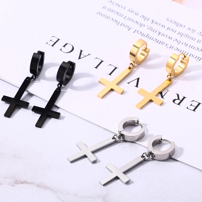 BONISKISS Men Women Stainless Steel Inverted Upside Down Cross Earring Church of Satan Temple Occult Satanic Witchy Stud Jewelry