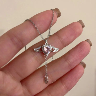 Fashion Pink Planet Heart Zircon Necklace Women Charm Aesthetic Clavicle Chain Necklace Valentines Day Gift Party Jewelry