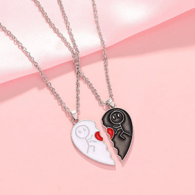 2Pcs Magnet Matchstick People LOVERS' Black White Heart Pendant Chain Matching Necklace for Women Men Valentine's Day Girl Gift