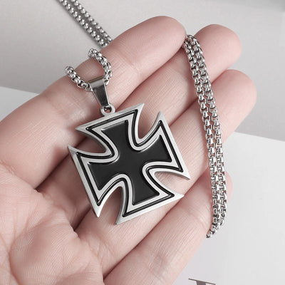 Black Enamel Maltese Cross Temple Templar Knight Cross Men Pendant Necklace