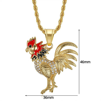 Hip Hop Iced Out Bling Rooster Pendant Necklace Gold Color Stainless Steel Chains For Men Women Animal Jewelry Dropshipping