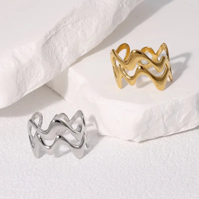 Stainless Steel Irregular Wave Rings for Women Men Creative Gold Color Adjustable Opening Ring Female Statement Jewelry Gifts