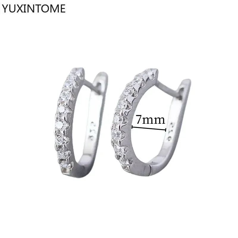 925 Sterling Silver Ear Needle Fashion Hoop Earrings White Crystal Luxury Women&