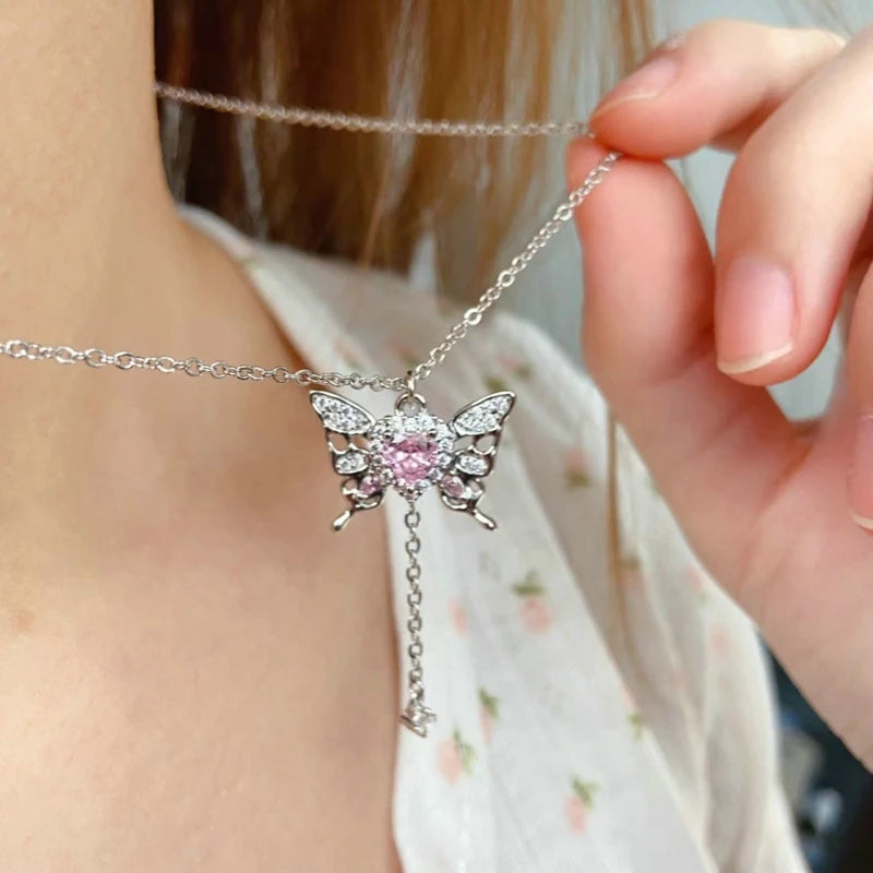 New Y2K Girls Pink Zircon Bow Knot Pendant Necklace Sweet Heart Design Simple Necklace Women Fashion Clavicle Chain Jewelry Gift