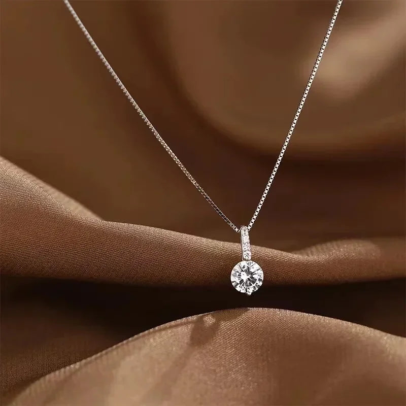 Fashion 925 Sterling Silver Round Zircon Necklace Minimalist Style Charm Choker Pendant Party Gift For Women&