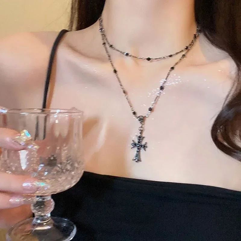 Kpop Fashion Shiny Star Necklace for Women Y2K Crystal Zircon Cross Pendant Necklaces Girls Antique Silver Color Clavicle Chain